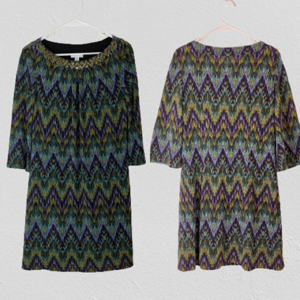 LONDON TIMES stretch dress multi-colored round neck flare sleeves L